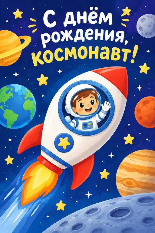 Открытка мальчику с ракетой и планетами