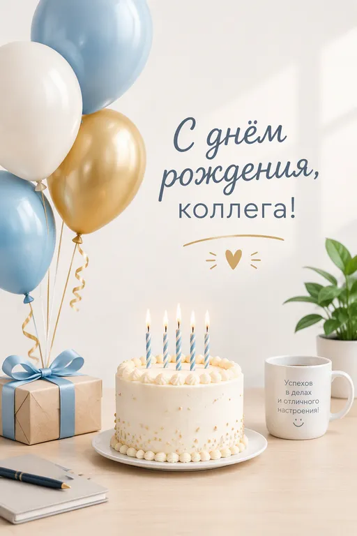 Офисная открытка коллеге с шарами и тортом