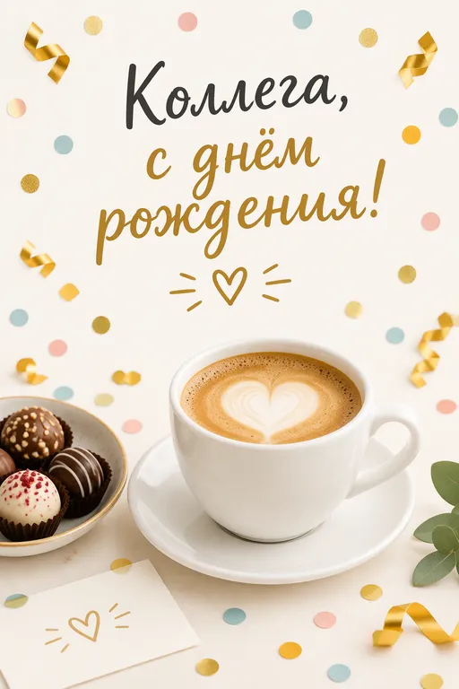 Открытка коллеге с кофе и конфетти