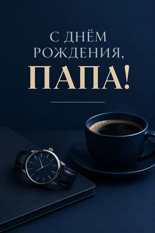 Строгая открытка папе с часами и кофе