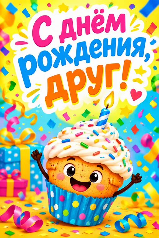 Весёлая открытка другу с конфетти и кексом