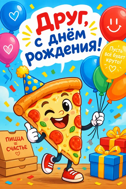 Открытка другу с пиццей и шарами