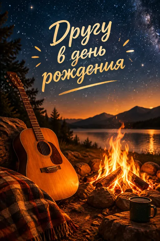 Открытка другу с гитарой у костра