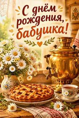 Уютная открытка бабушке с ромашками и пирогом
