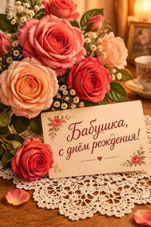 Открытка бабушке с розами и кружевом