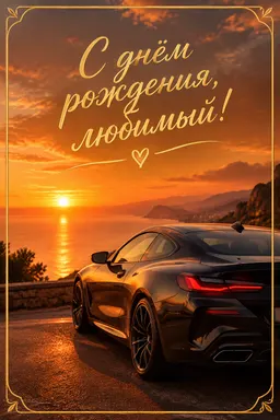 Открытка мужу с автомобилем на закате