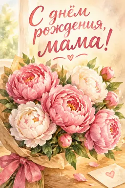 Акварельная открытка маме с пионами