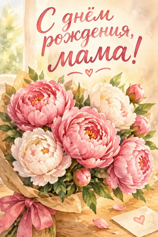Акварельная открытка маме с пионами