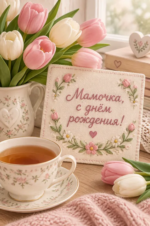 Открытка маме с чаепитием и тюльпанами