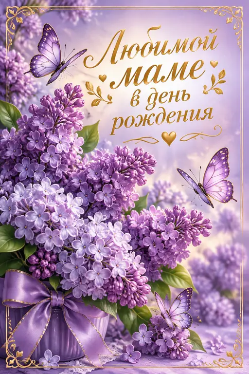 Сиреневая открытка маме с золотой надписью