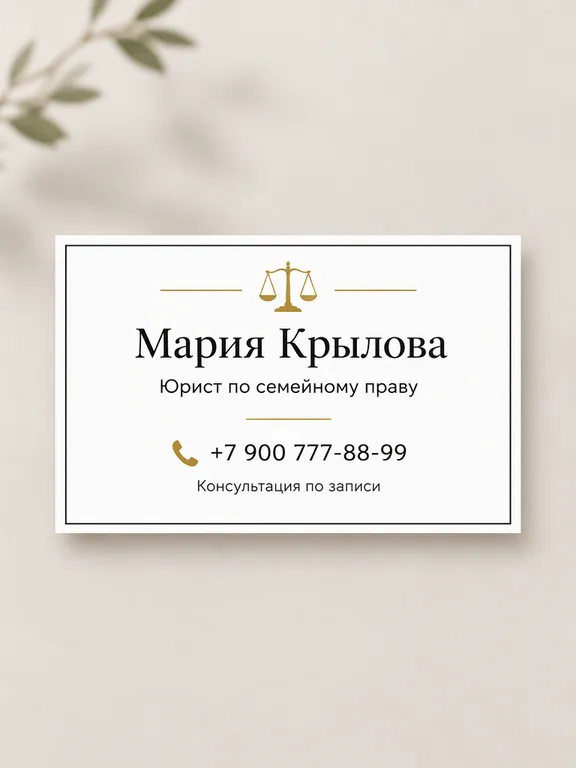 Визитка юриста на белом фоне с золотым акцентом