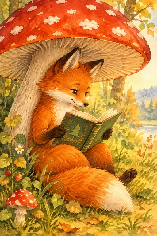 Лиса читает книгу под грибом