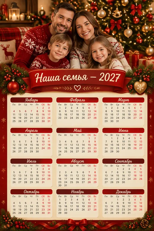 Календарь на 2027 год с зимним семейным фото