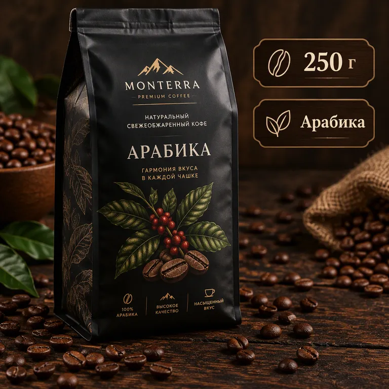 Кофе в зёрнах на тёмном дереве