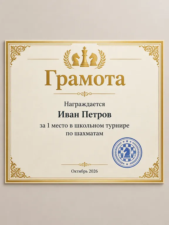Грамота с золотой рамкой и печатью