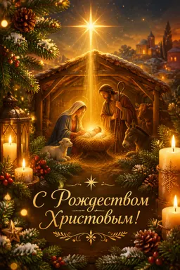 Рождественская открытка со звездой и вертепом