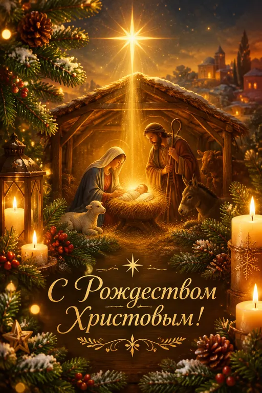 Рождественская открытка со звездой и вертепом