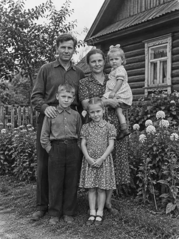 Семья у дома, собранная из отдельных снимков