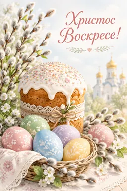 Пасхальная открытка с яйцами и куличом