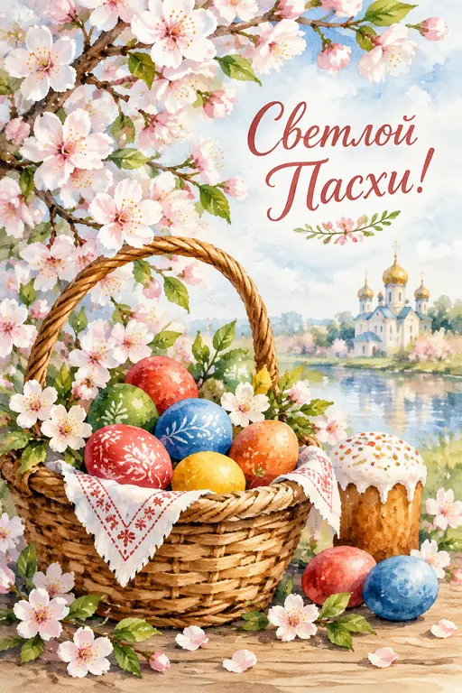 Открытка с корзиной яиц и цветущей вишней