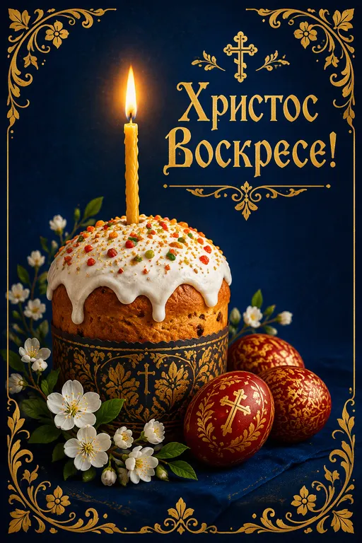Кулич со свечой на тёмно-синем фоне