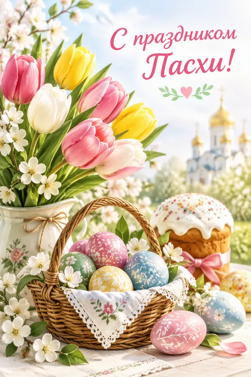 Весенняя открытка с цветами и яйцами