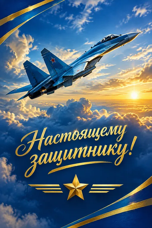 Открытка на 23 Февраля с самолётом в небе
