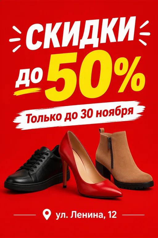 Флаер распродажи обуви на красном фоне