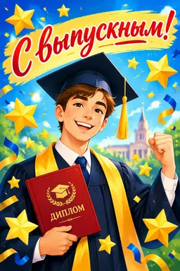 Открытка выпускнику с шапочкой и дипломом