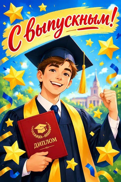 Открытка выпускнику с шапочкой и дипломом