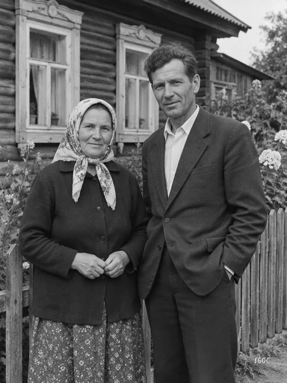 Пожилая пара у деревенского дома, снимок реставрирован