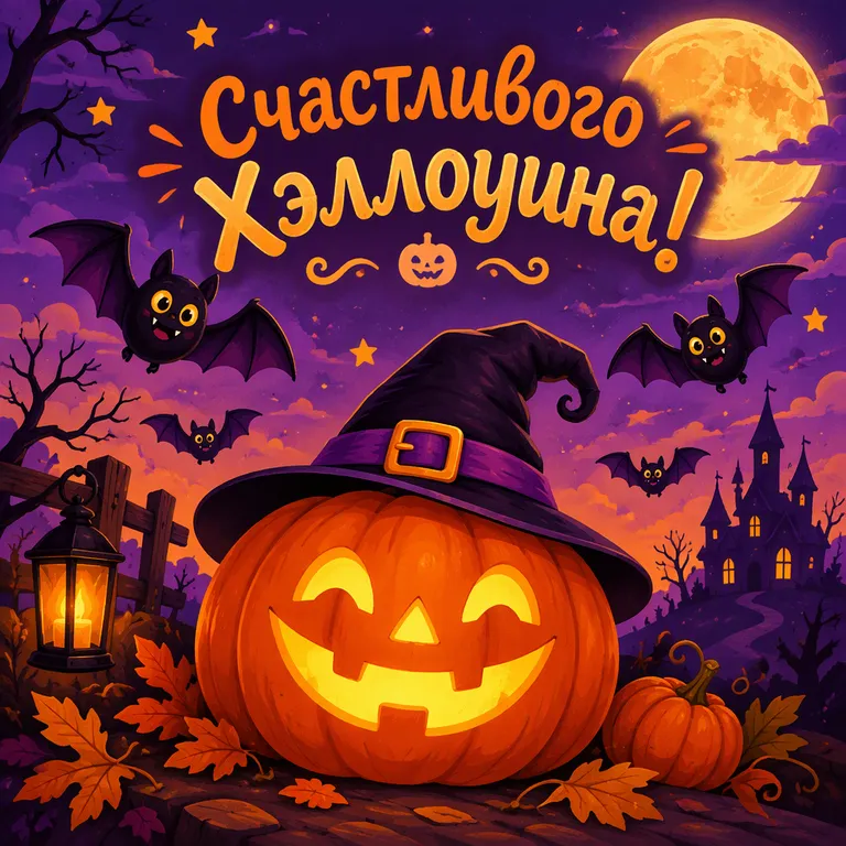 Открытка с тыквой, мышами и луной
