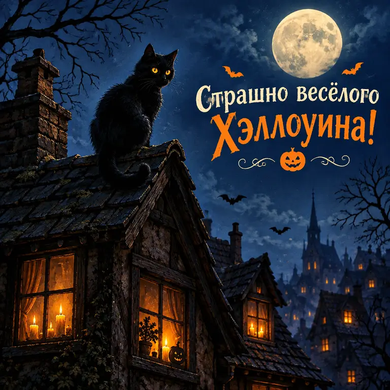 Открытка с чёрным котом и старым домом