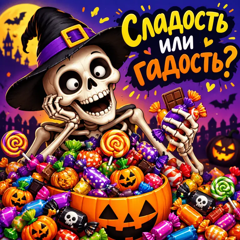 Открытка со скелетом и конфетами