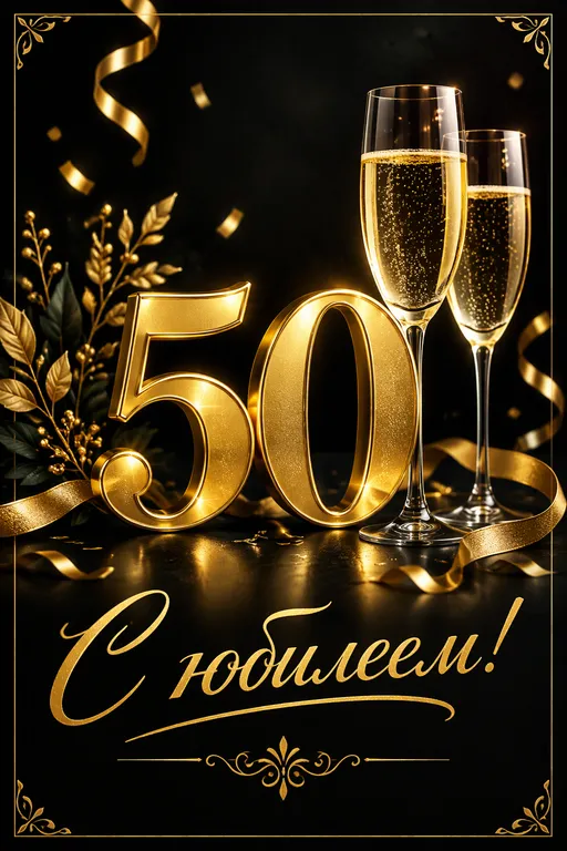 Торжественная открытка с золотой цифрой 50