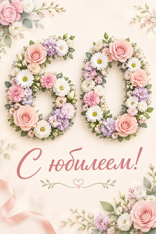 Юбилейная открытка с цифрой 60 из цветов