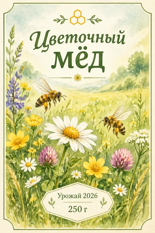 Этикетка для цветочного мёда с лугом