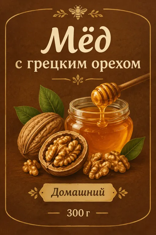 Этикетка для мёда с орехами в коричневом