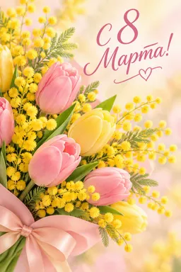 Весенняя открытка на 8 Марта с тюльпанами