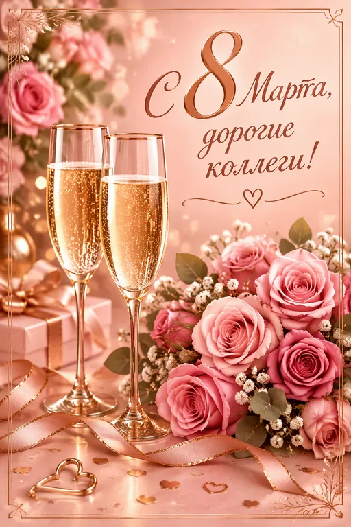 Открытка коллегам на 8 Марта с шампанским