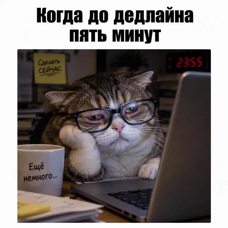 Уставший кот за ноутбуком с подписью про дедлайн