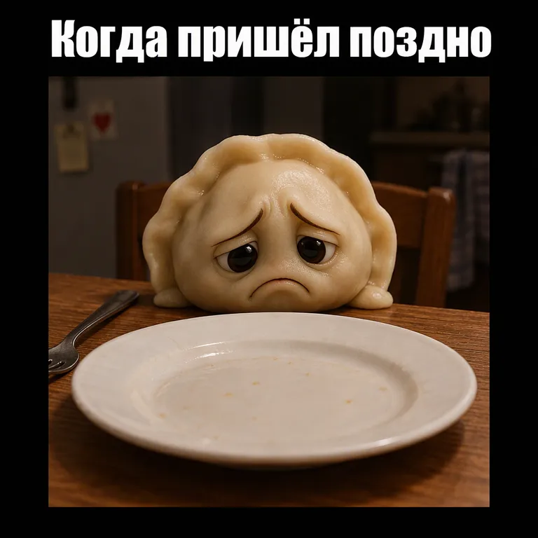 Грустный пельмень у пустой тарелки