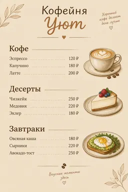 Меню кафе в тёплых бежевых тонах