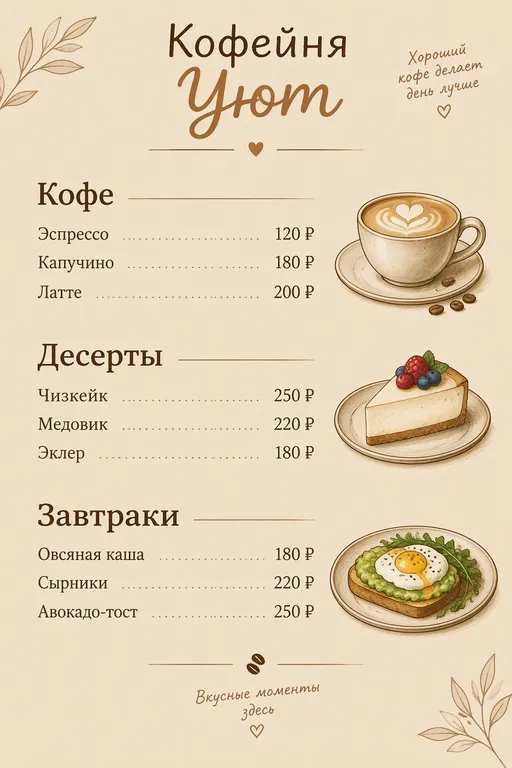 Меню кафе в тёплых бежевых тонах