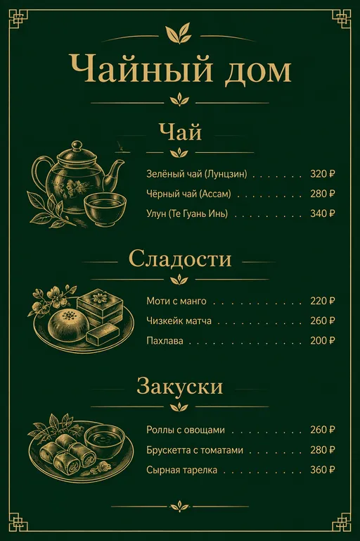 Меню чайной на тёмно-зелёном фоне