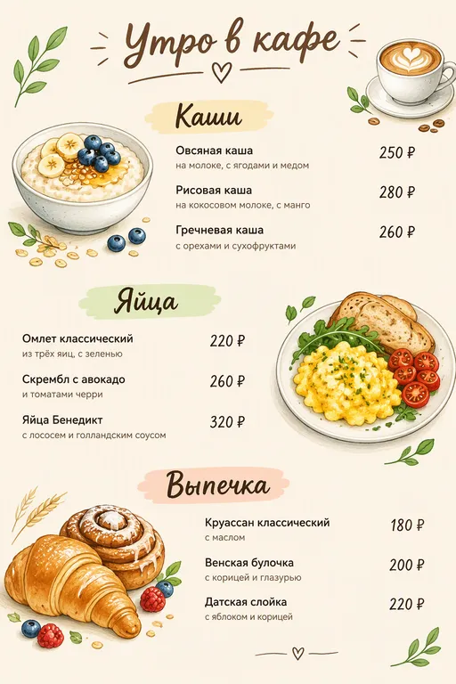 Меню завтраков на светлом фоне