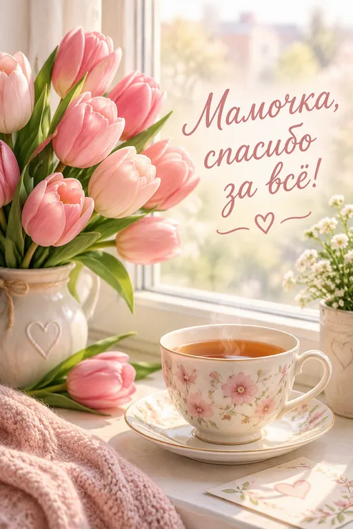 Открытка маме с тюльпанами и чашкой чая