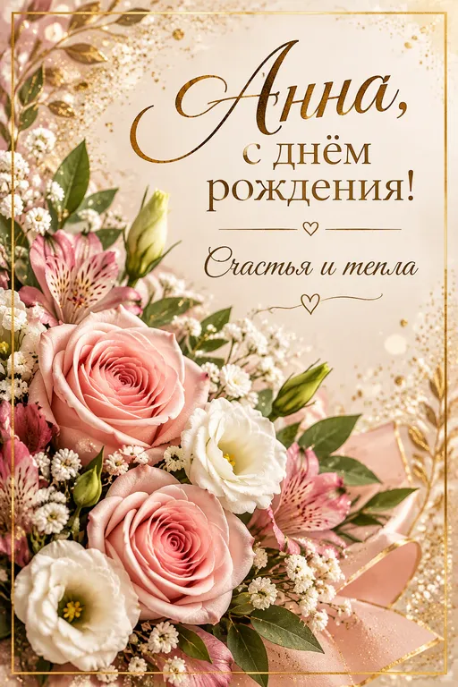 Именная открытка Анне с цветами и блёстками