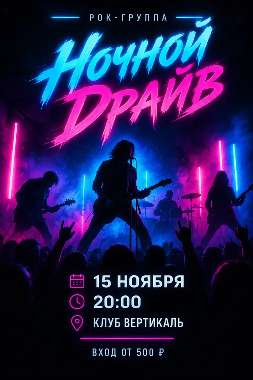 Афиша рок-концерта с неоновым светом