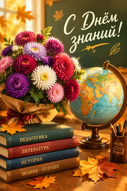 Открытка учителю с букетом и глобусом